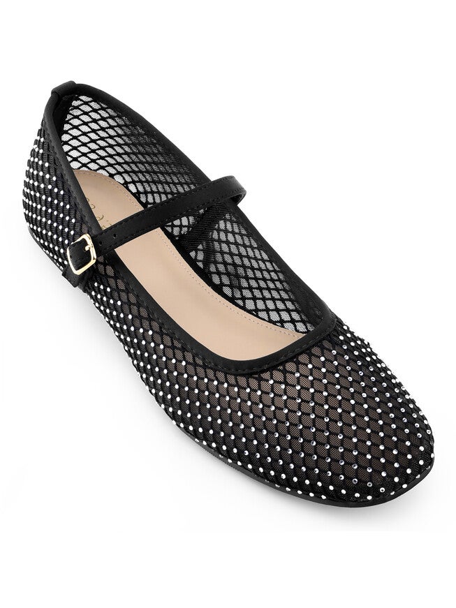 Rhinestone Mesh Flats Buckle Strap slip on Ballet Flat, Black / Black, hi-res image number 0