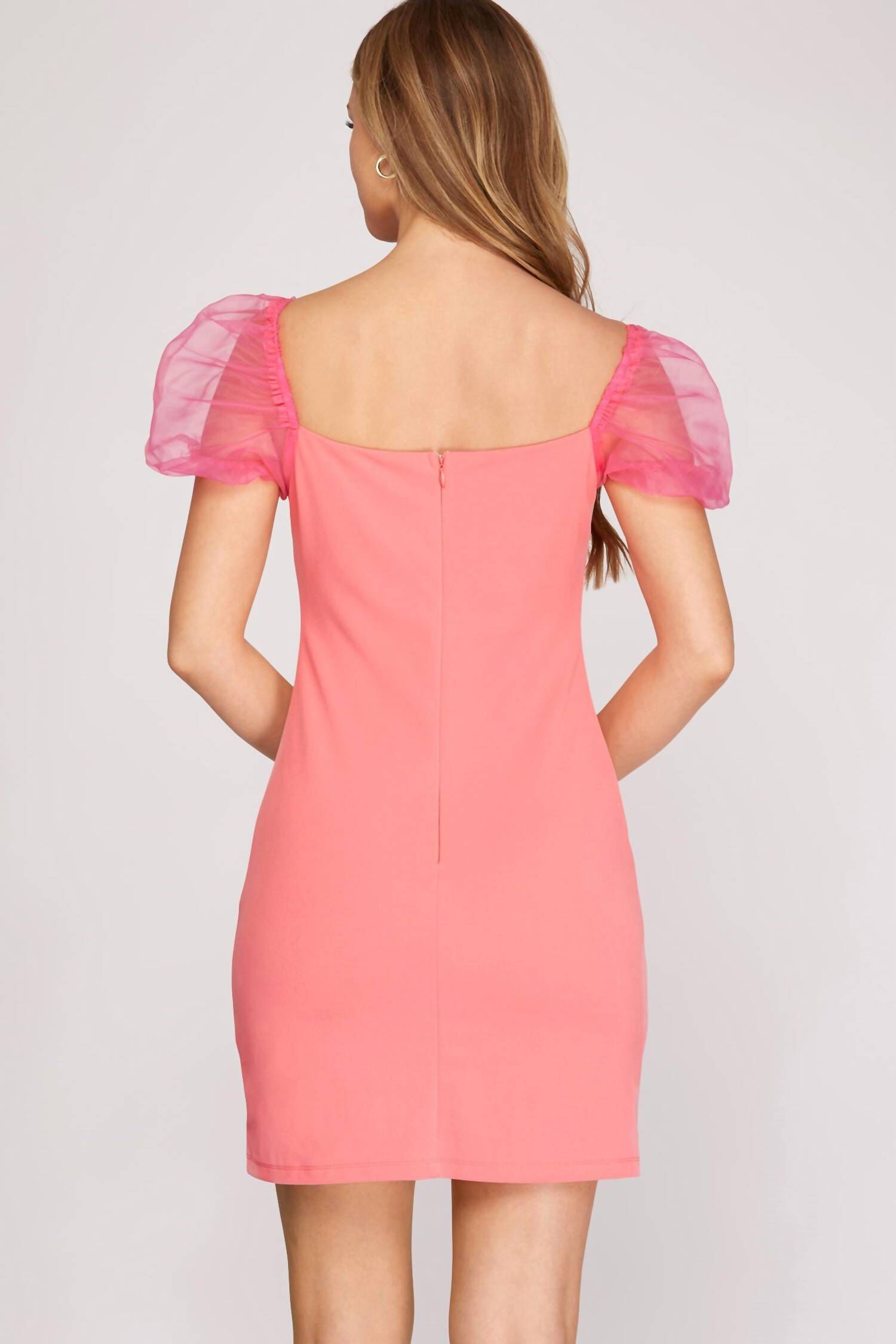 ORGANZA PUFF SLEEVE HEAVY KNIT MINI DRESS IN CANDY PINK, , alternate image number 5