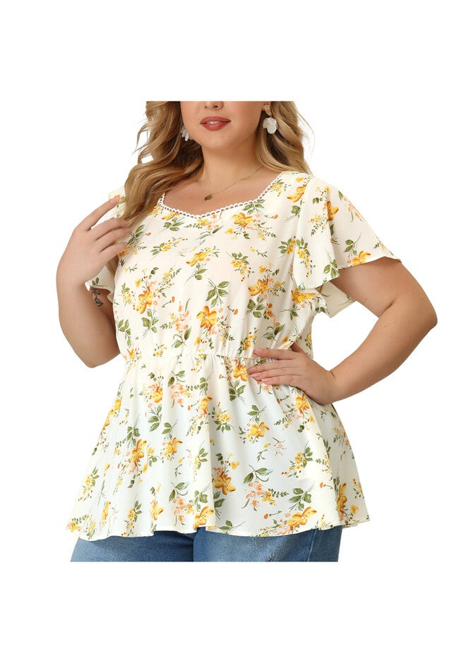 Peplum Top Flare Short Sleeve Sweetheart Neck Summer Floral Blouse, White / White, alternate image number null