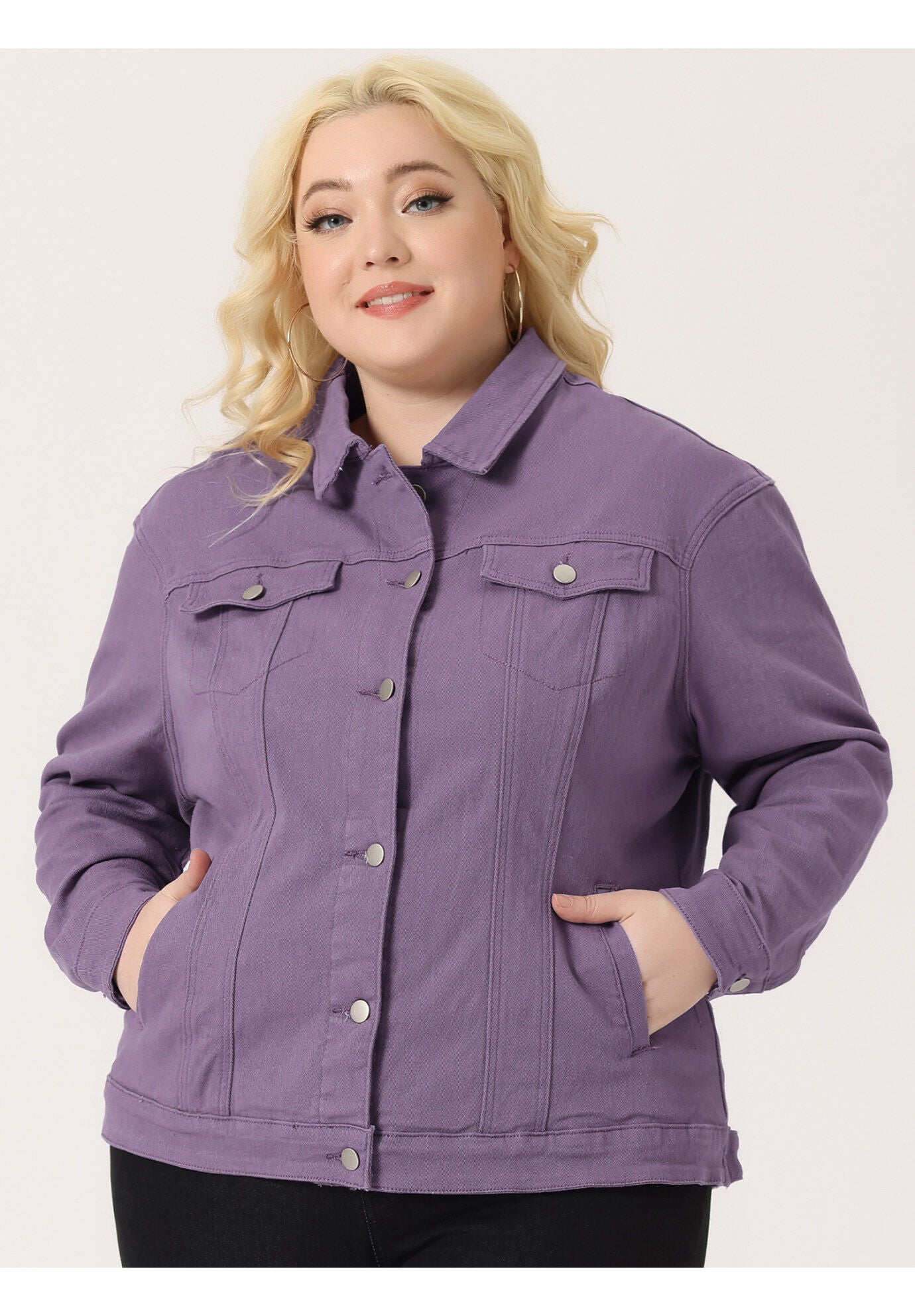 STITCHING BUTTON FRONT WASHED DENIM JACKET, Purple / Purple, alternate image number 1