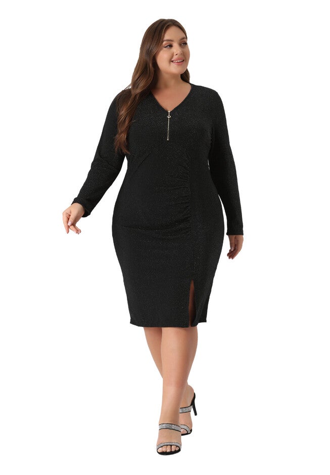 Sparkly Glitter Deep V Cocktail Bodycon Midi Dress, Black / Black, hi-res image number 0
