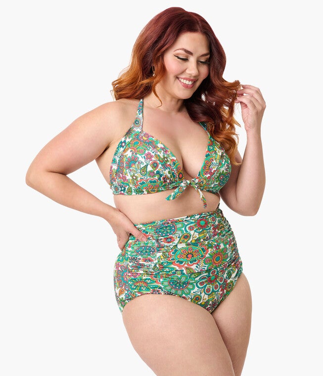 Unique Vintage Plus Size Green Kaleidoscope Monroe Halter Swim Top, Kelly Green / Kelly Green, alternate image number null