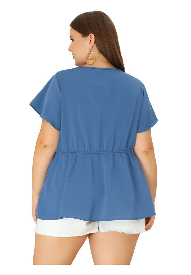 Button Down V Neck Blouse Shirt Short Sleeve Flare Peplum Top, Dark Blue / Navy, alternate image number 3