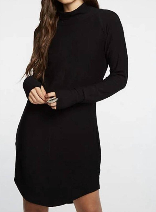 COZY KNIT L/S/ RAGLAN TURTLENECK SHIRTTAIL MINI DRESS IN BLACK, Black / Black, hi-res image number 0