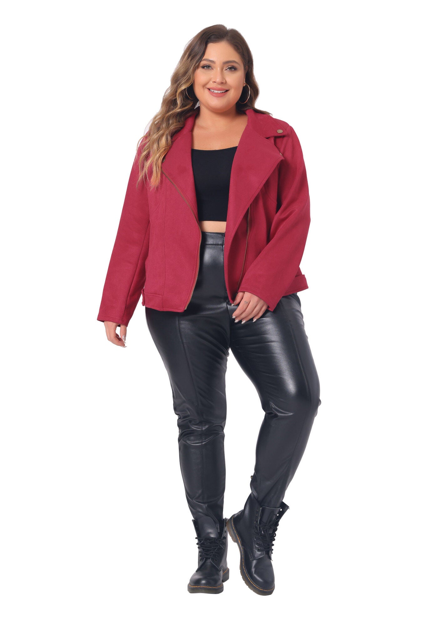 FAUX SUEDE ZIPPER CROP MOTO BIKER JACKET, Burgundy / Red, hi-res image number 0