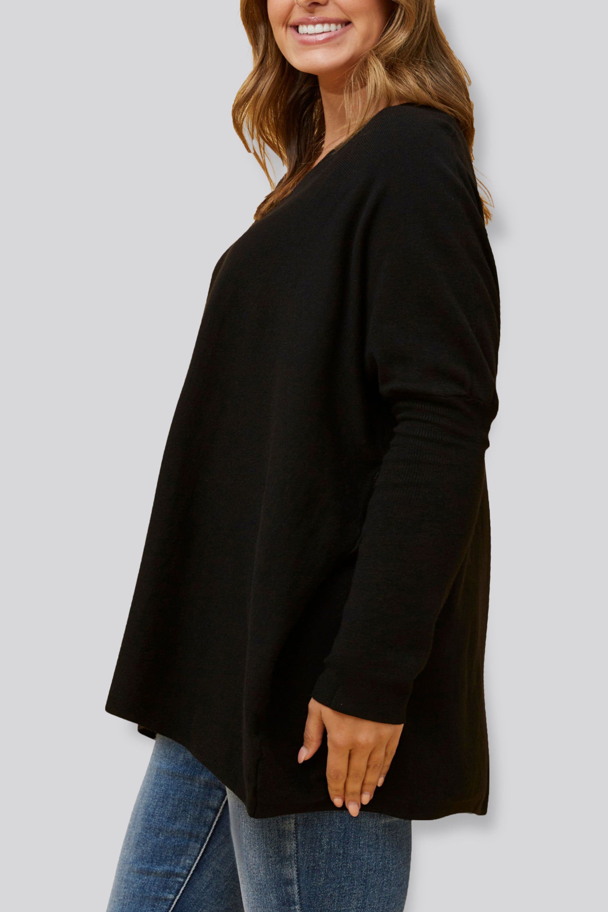 EMMA SUPER SOFT V-NECK OVERSIZED SWEATER, Black / Black, alternate image number 2