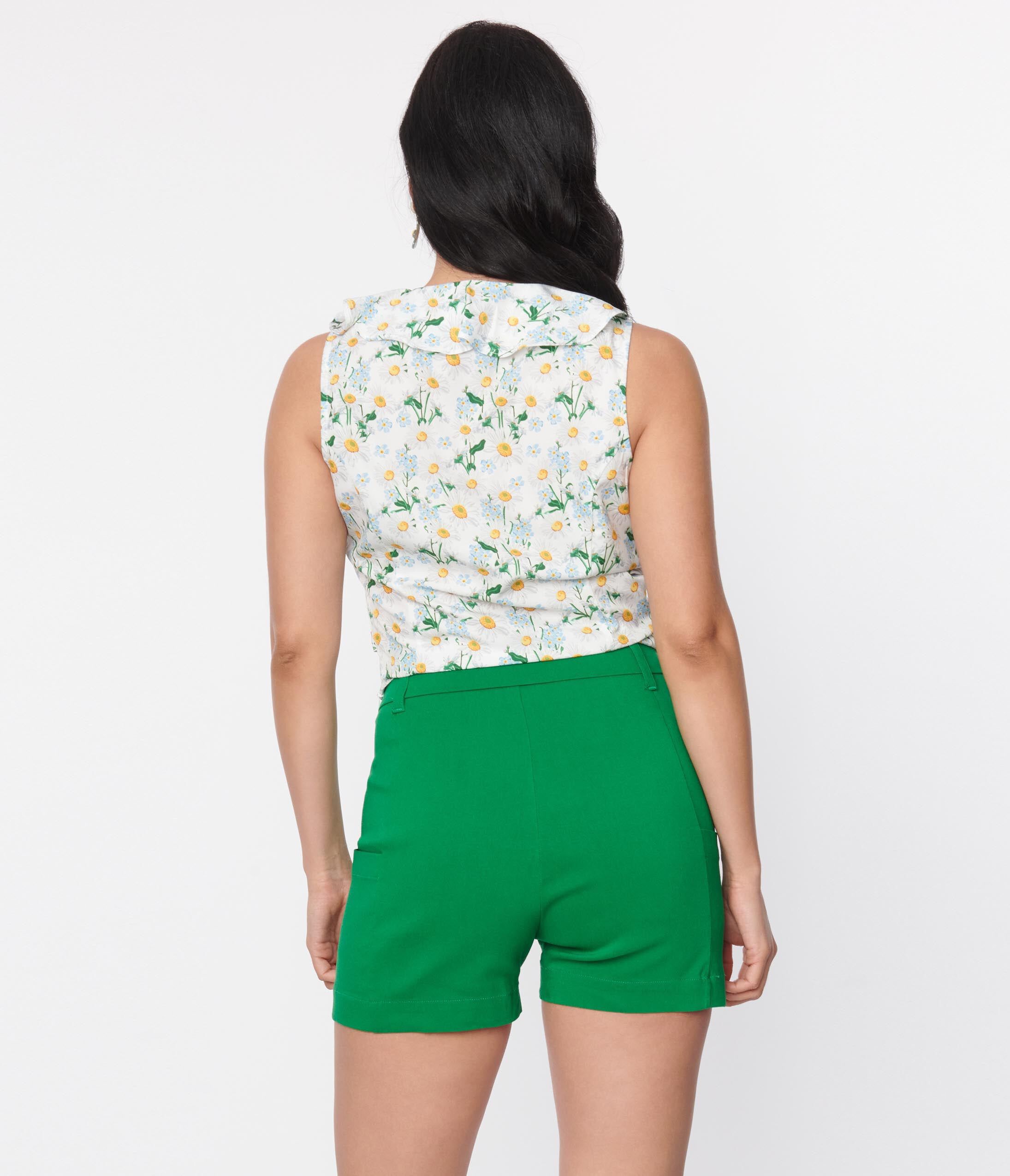 Unique Vintage Green High Waist Tied & True Shorts, , alternate image number 7