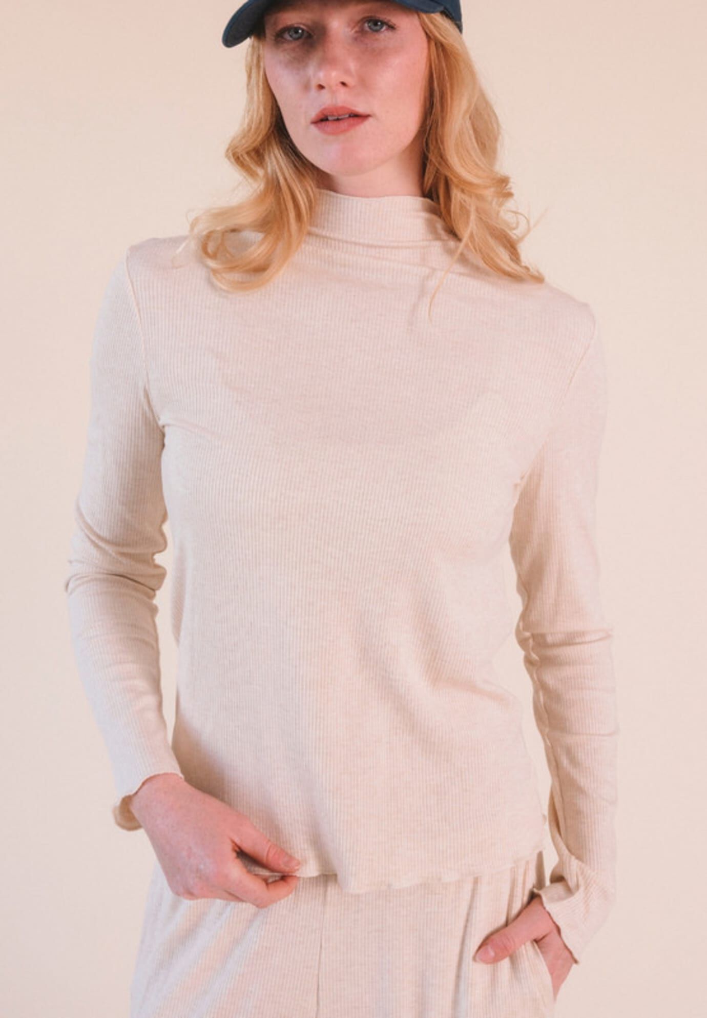 Norma Modal Ribbed Turtleneck, Heather Almond / Beige, alternate image number 2