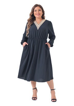 Lace Trim V Neck Long Sleeve Stretchy Casual Midi Dress