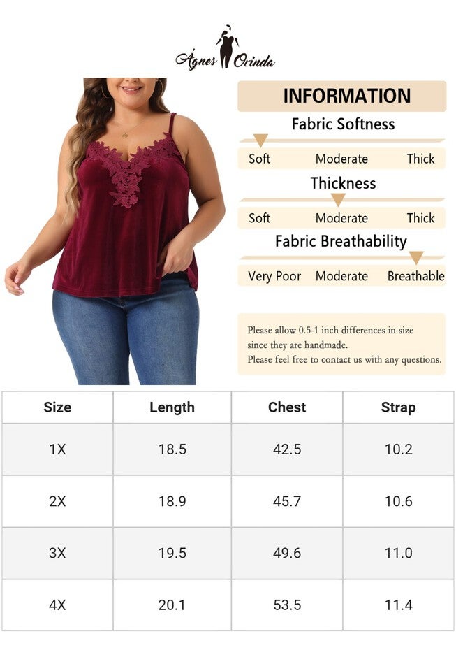 V Neck Lace Floral Panel Spaghetti Strap Cami Velvet Tank Top, Burgundy / Red, alternate image number 4