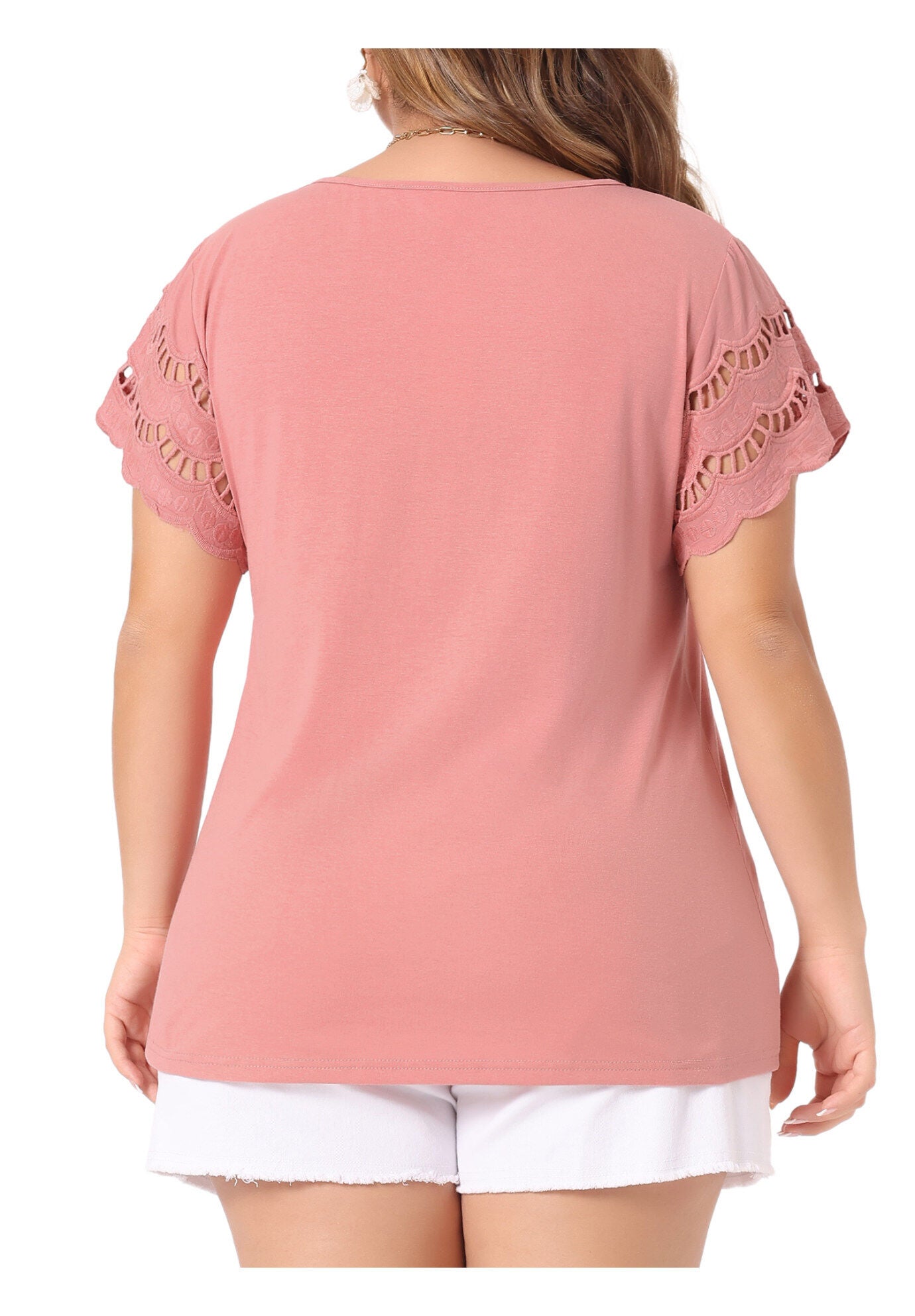 Lace Panel Hollow Short Sleeve Summer Blouse, Pink / Pink, alternate image number 2