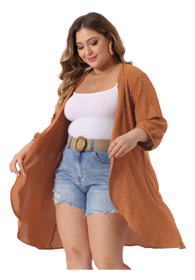 OPEN FRONT 3/4 SLEEVE SWISS DOTS LIGHTWEIGHT COVER UP CARDIGAN, Orange / Orange, alternate image number 1