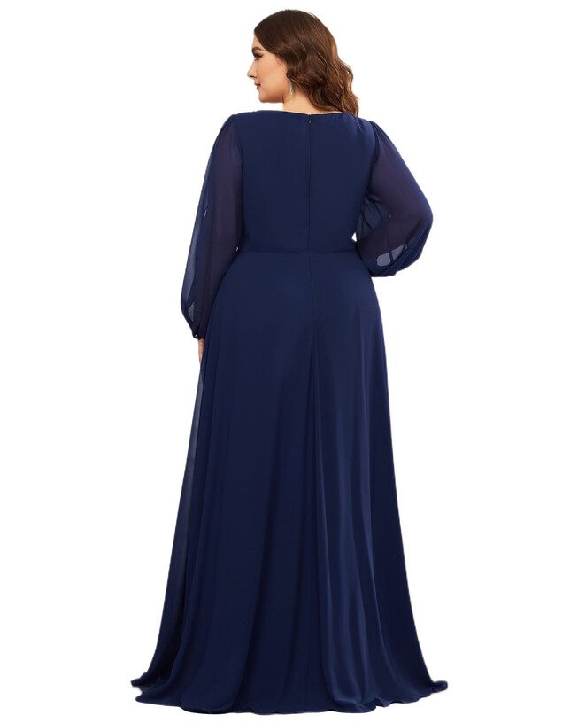 Chiffon V-Neckline Long Sleeve Formal Evening Dress, Navy Blue / Navy, alternate image number null