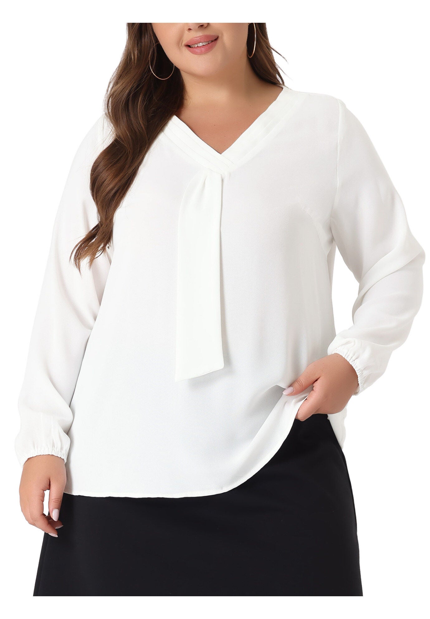 V Neck Long Sleeve Ruffle Tie Front Office Work Chiffon Blouse Top, White / White, alternate image number 1