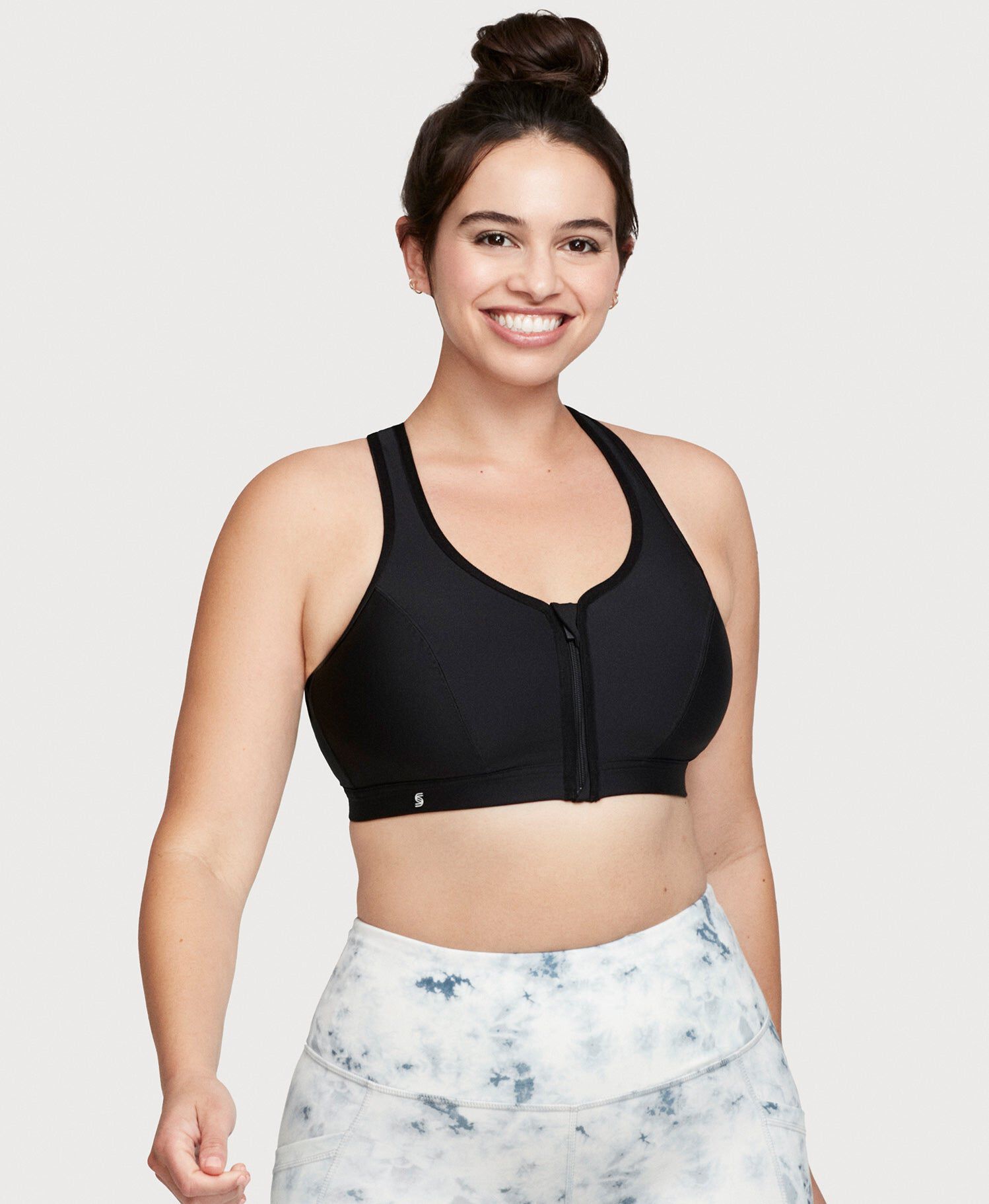 Zip Up Front-Closure Sports Bra, Black / Black, alternate image number 3