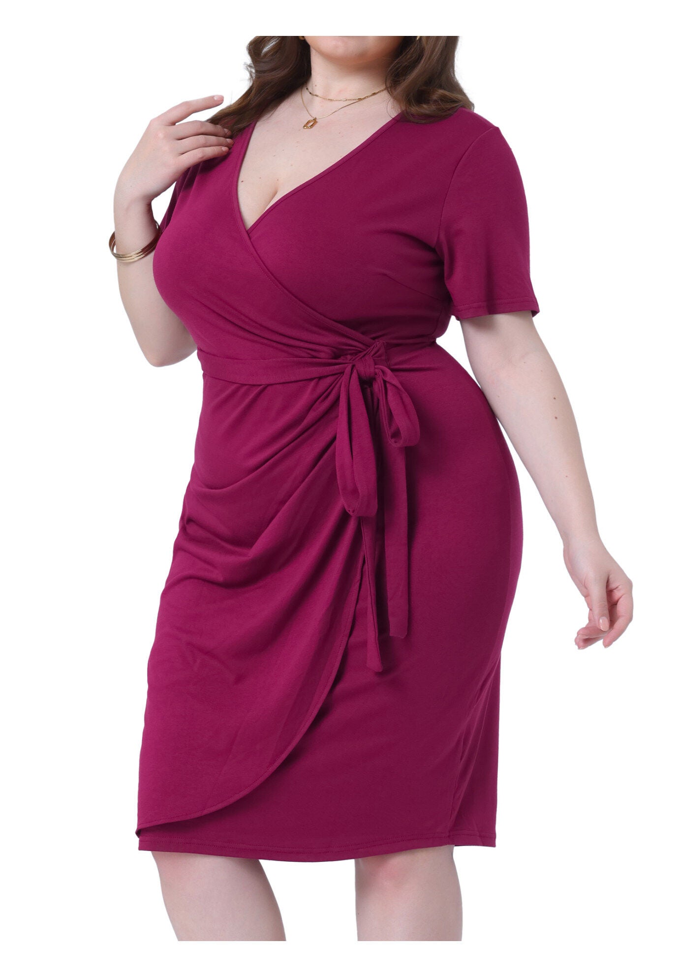 V Neck Ruched Wrap Belted Bodycon Midi Dress, Burgundy / Burgundy, alternate image number 1