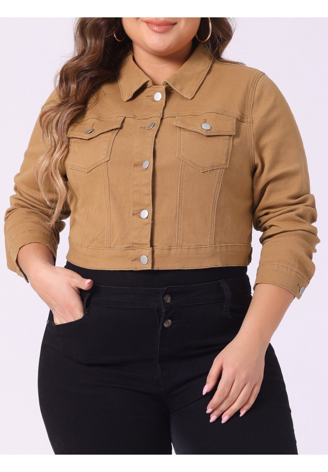 BUTTON CLOSED CROPPED DENIM JACKET, Brown / Brown, alternate image number 2