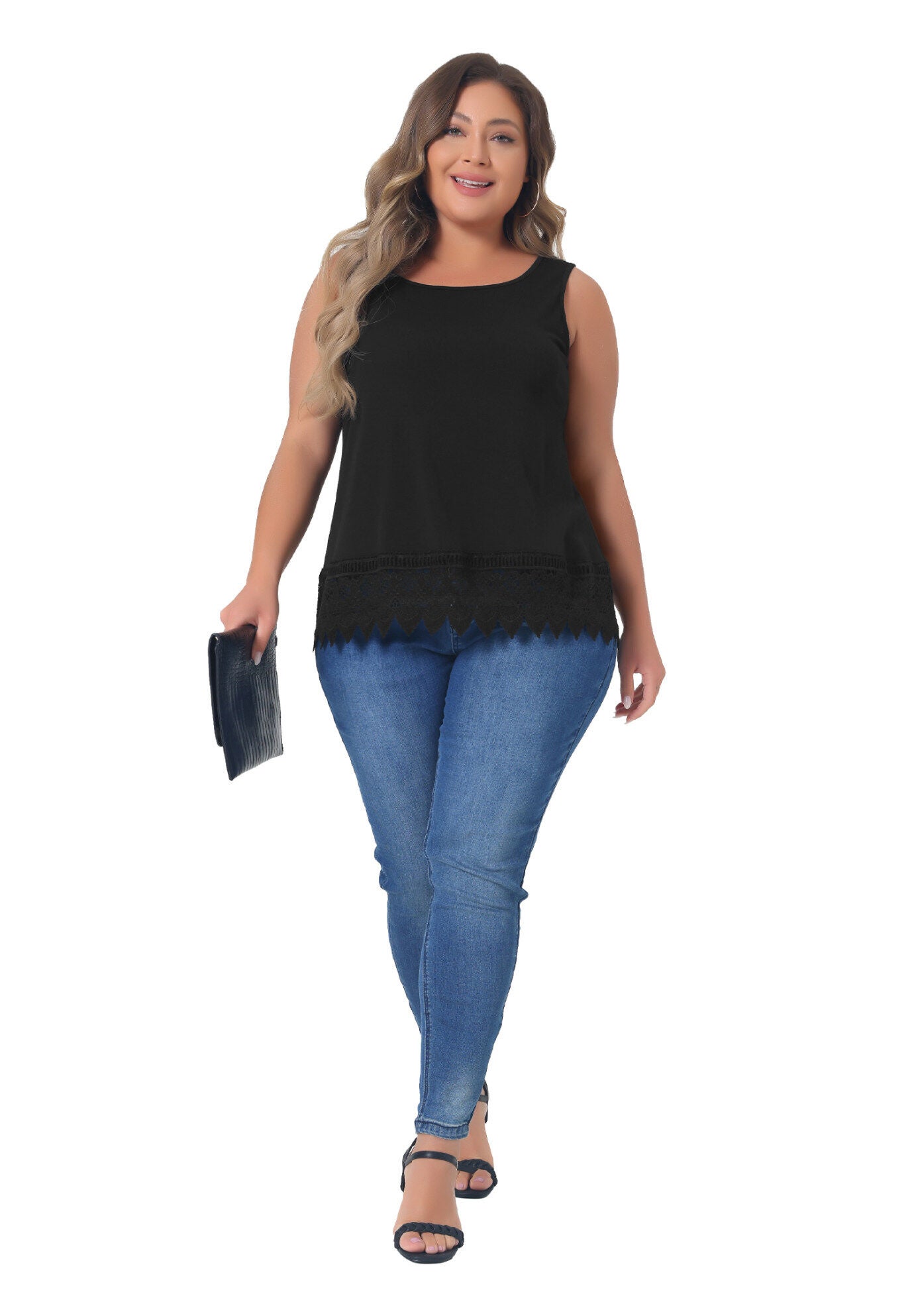 Round Neck Sleeveless Swing Lace Panel Flowy Top, Black / Black, hi-res image number 0