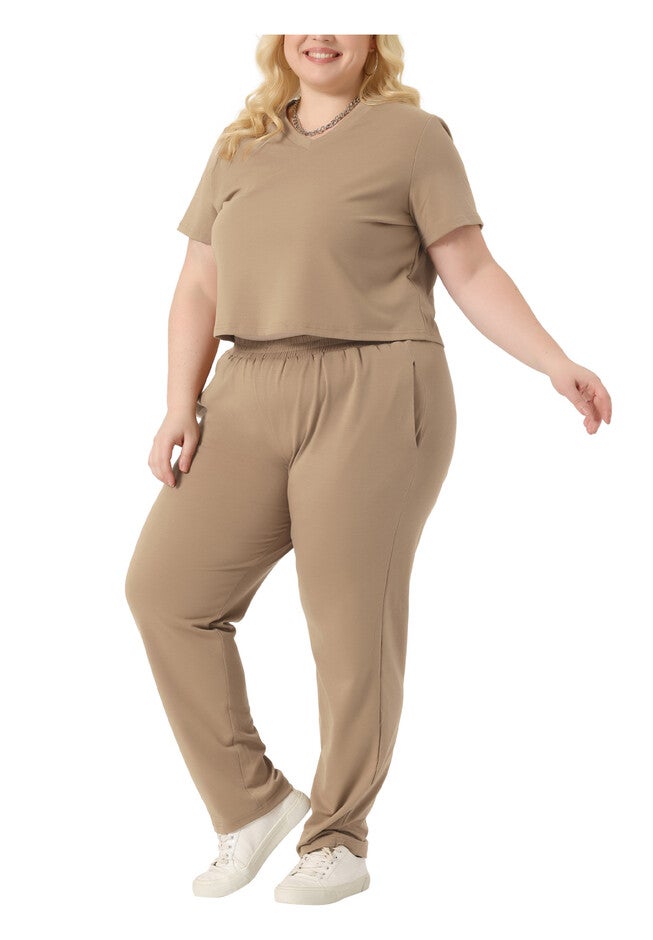 2 Piece Sports Outfit Short Sleeve Sweatshirt with Sweatpants, Khaki / Tan, alternate image number 2