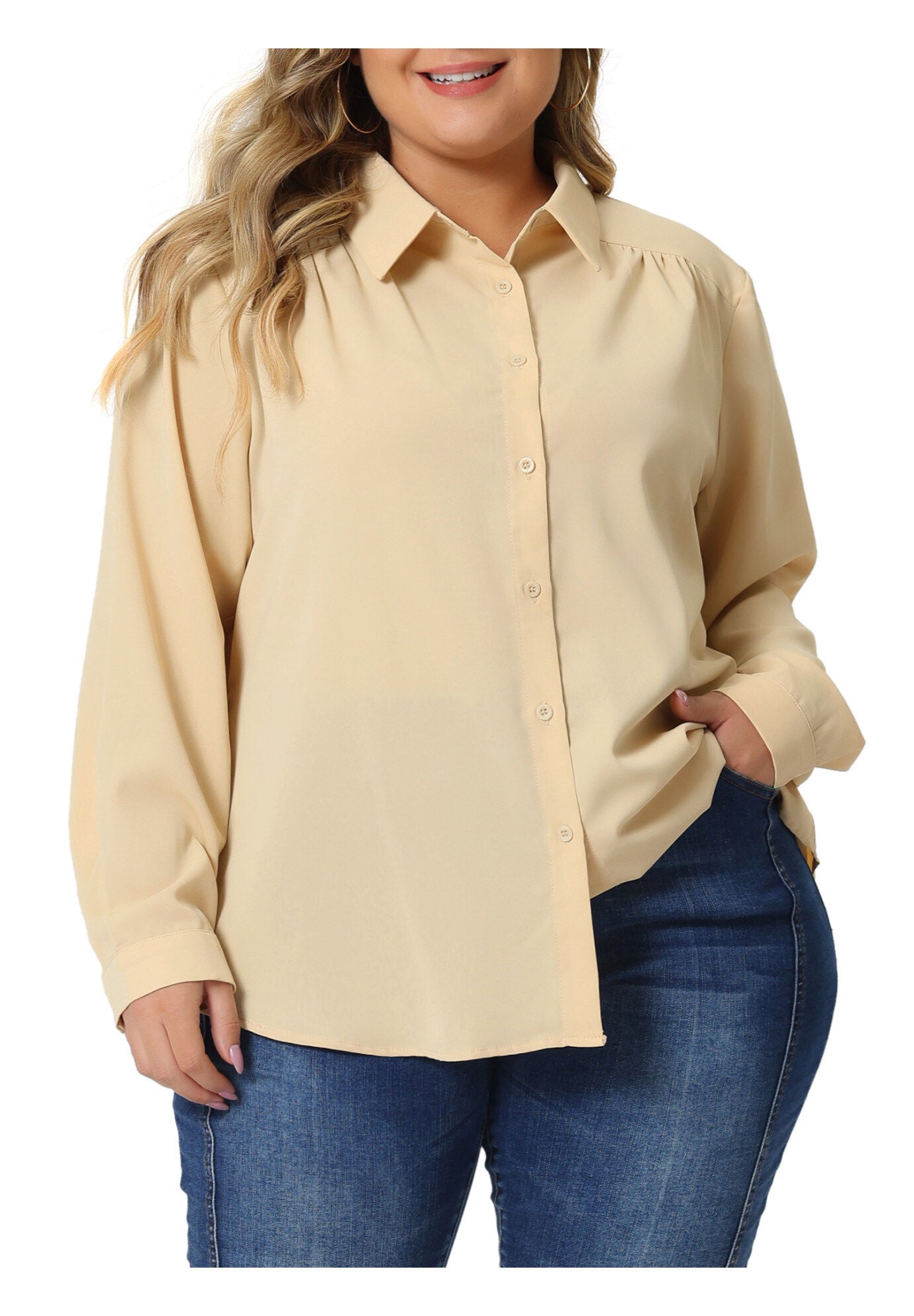 Button Down Long Sleeve Classic Shirt, Apricot / Cream, alternate image number 2