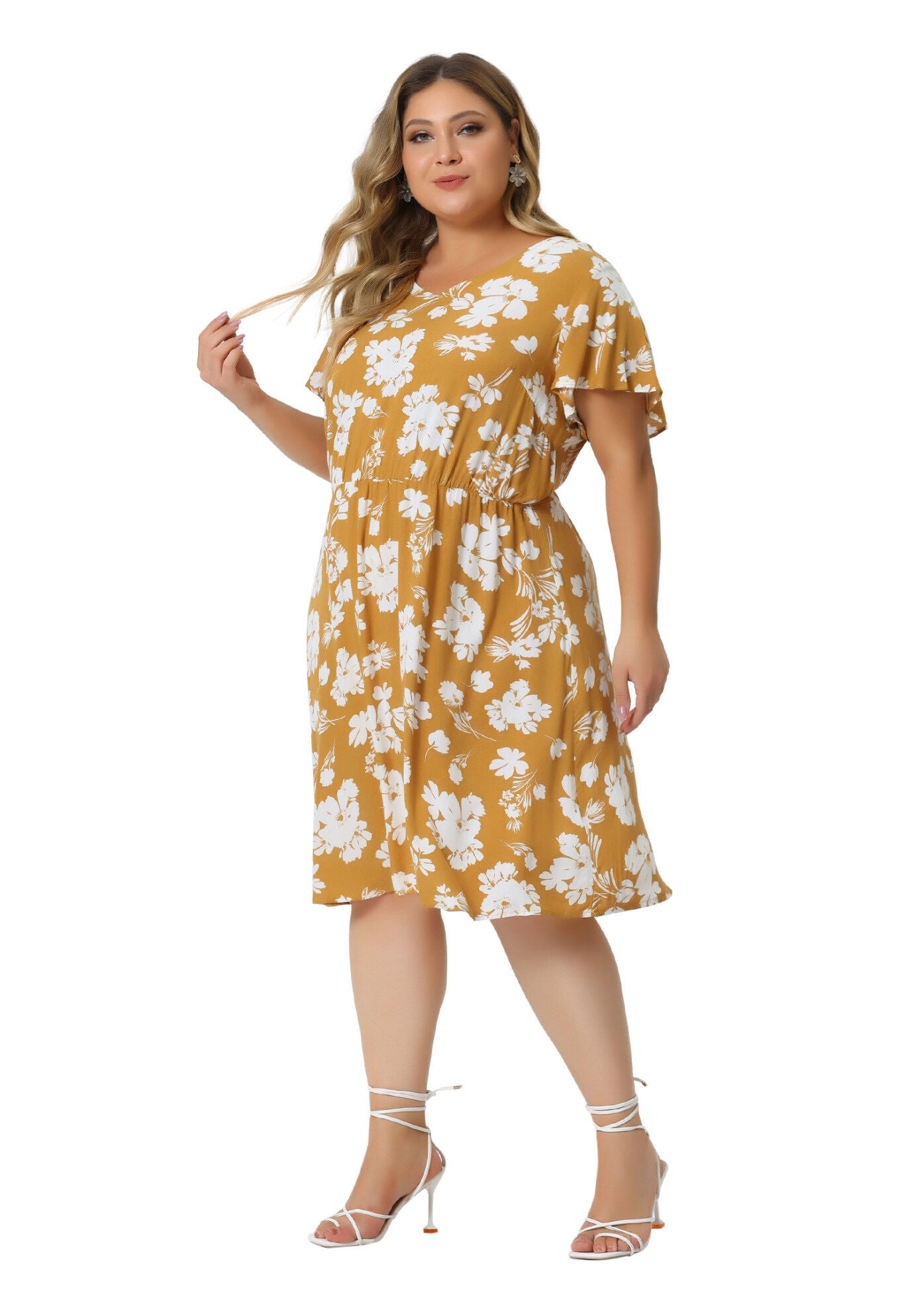 Summer V Neck Flare Sleeve Peplum Midi Ruffle Dress, Yellow / Yellow, hi-res image number 0