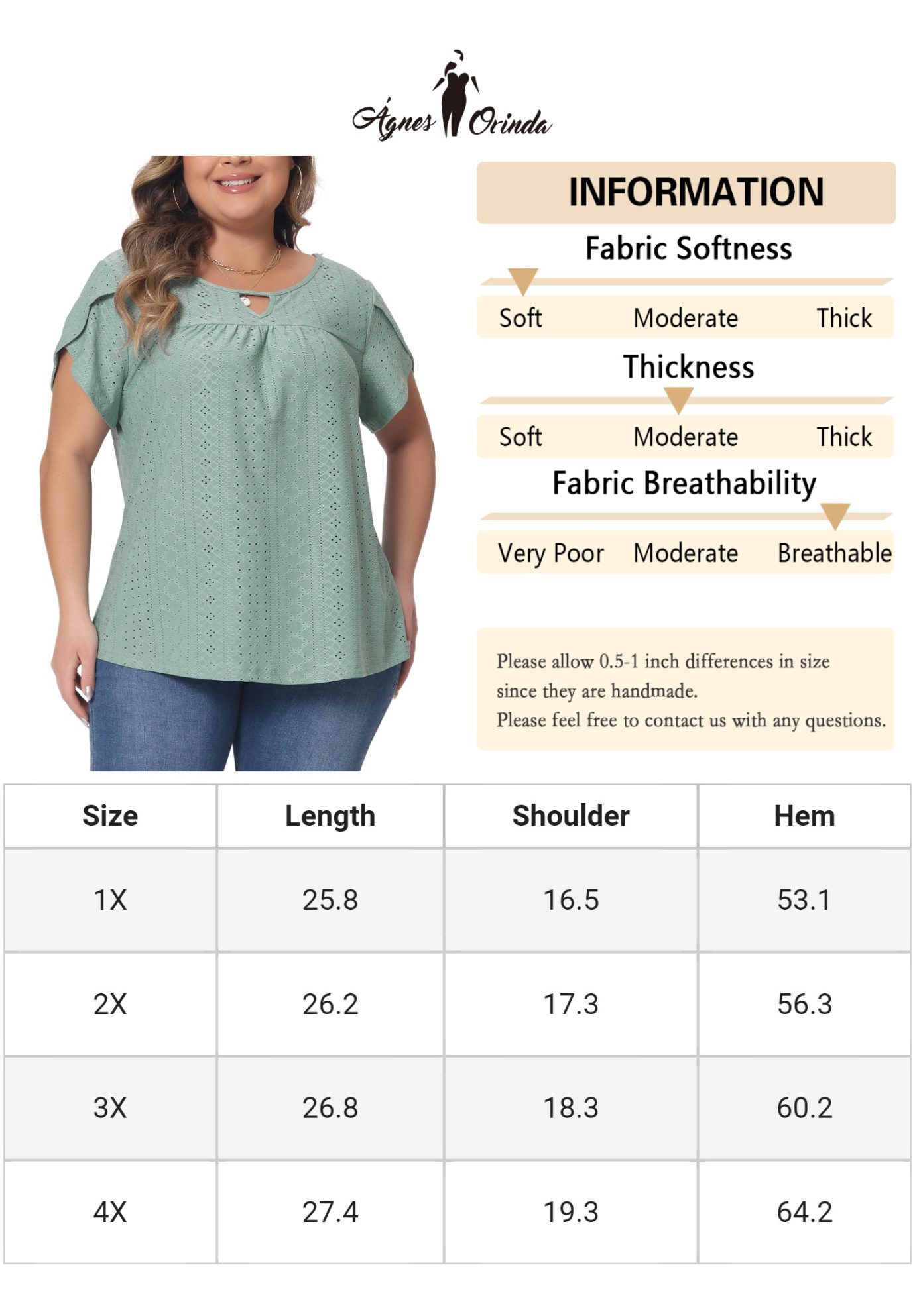 Petal Sleeve Pleated Front Key Hole Round Neck Loose Top, Green / Light Green, alternate image number 4