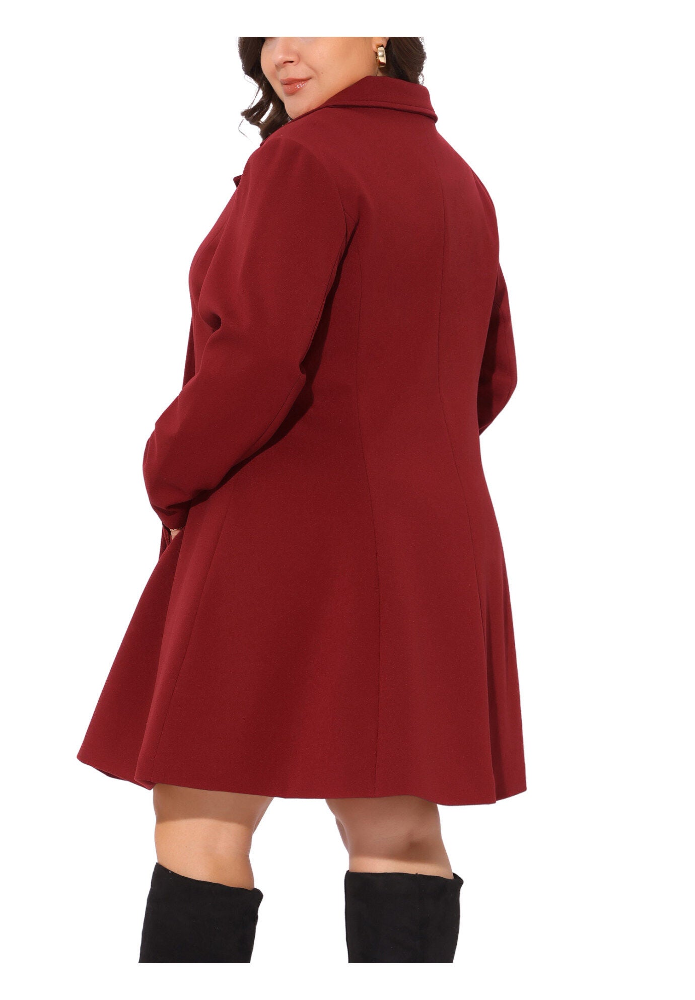 Notch Lapel Double Breasted A Line Peacoat Trench Coat, Burgundy / Burgundy, alternate image number 3