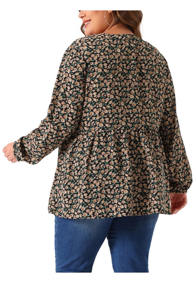 Elegant V Neck Floral Tops Chiffon Blouse, Black Beige / Beige, alternate image number null
