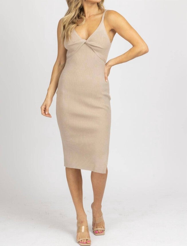 TWIST FRONT KNIT RIBBED MIDI DRESS IN STONE, Stone / Beige, hi-res image number null