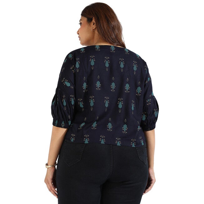 Women Floral Design Casual Tops, Navy / Navy, alternate image number 4