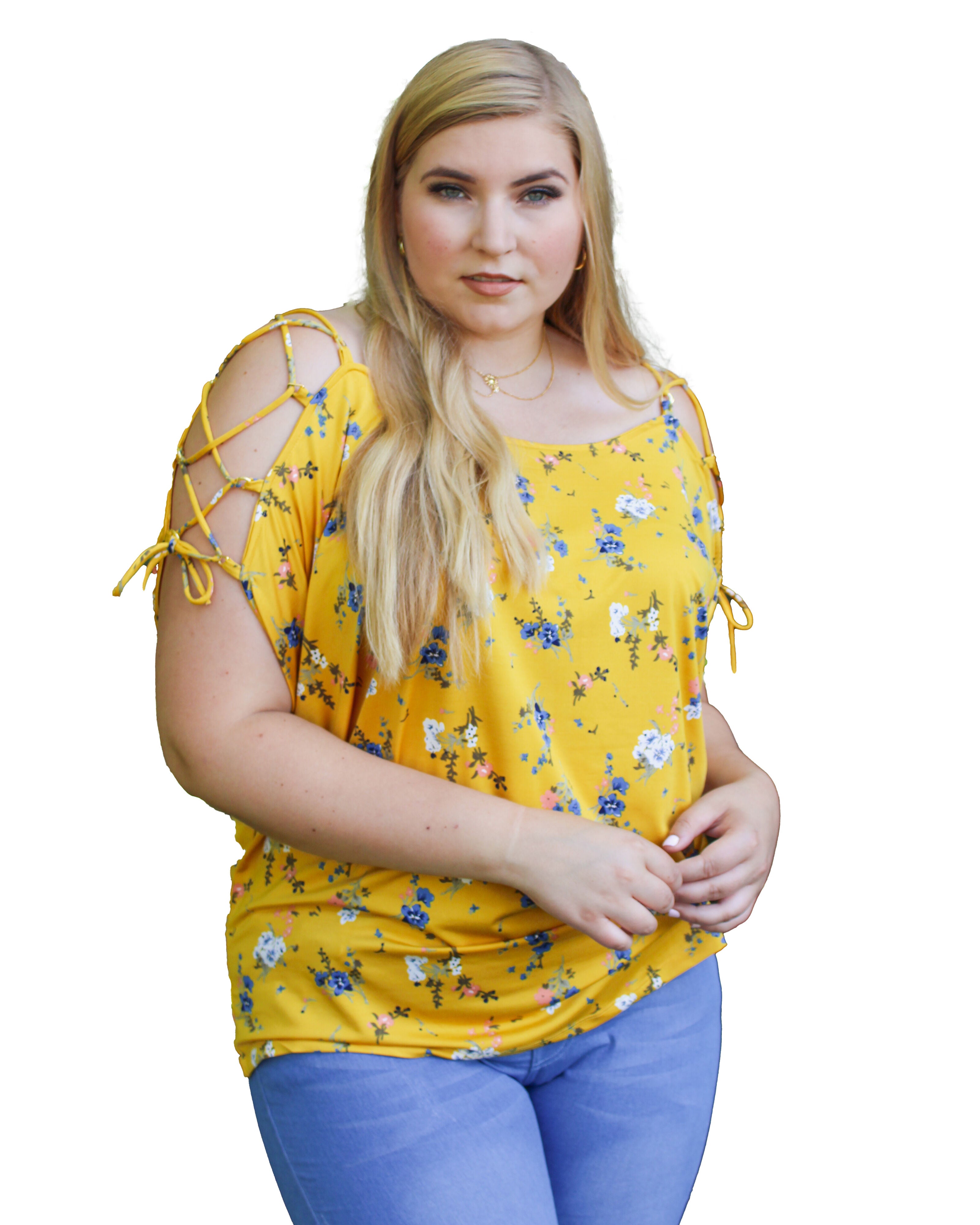 Honey Floral Print Shoulder Lace-Up Top, Yellow / Yellow, alternate image number 2