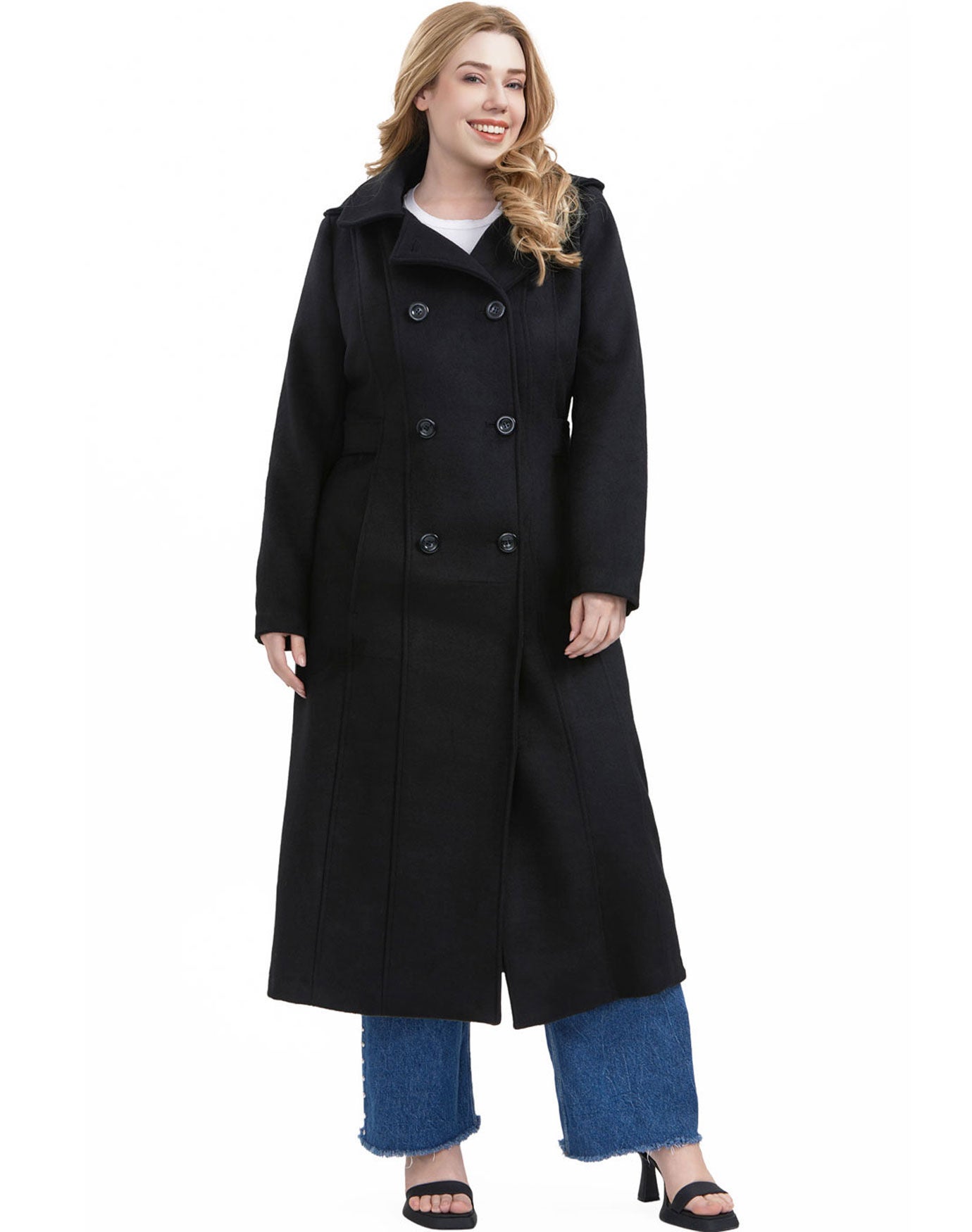 Double -Breasted Hooded Wool Blend Long Coat, Black, hi-res image number 0