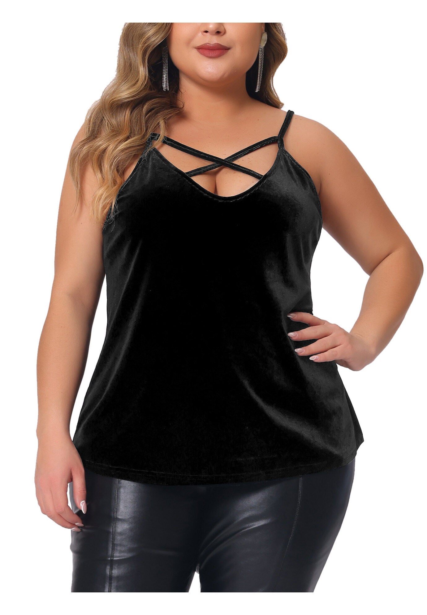 Criss Cross V Neck Spaghetti Strap Cami Velvet Tank Top, Black / Black, alternate image number 2