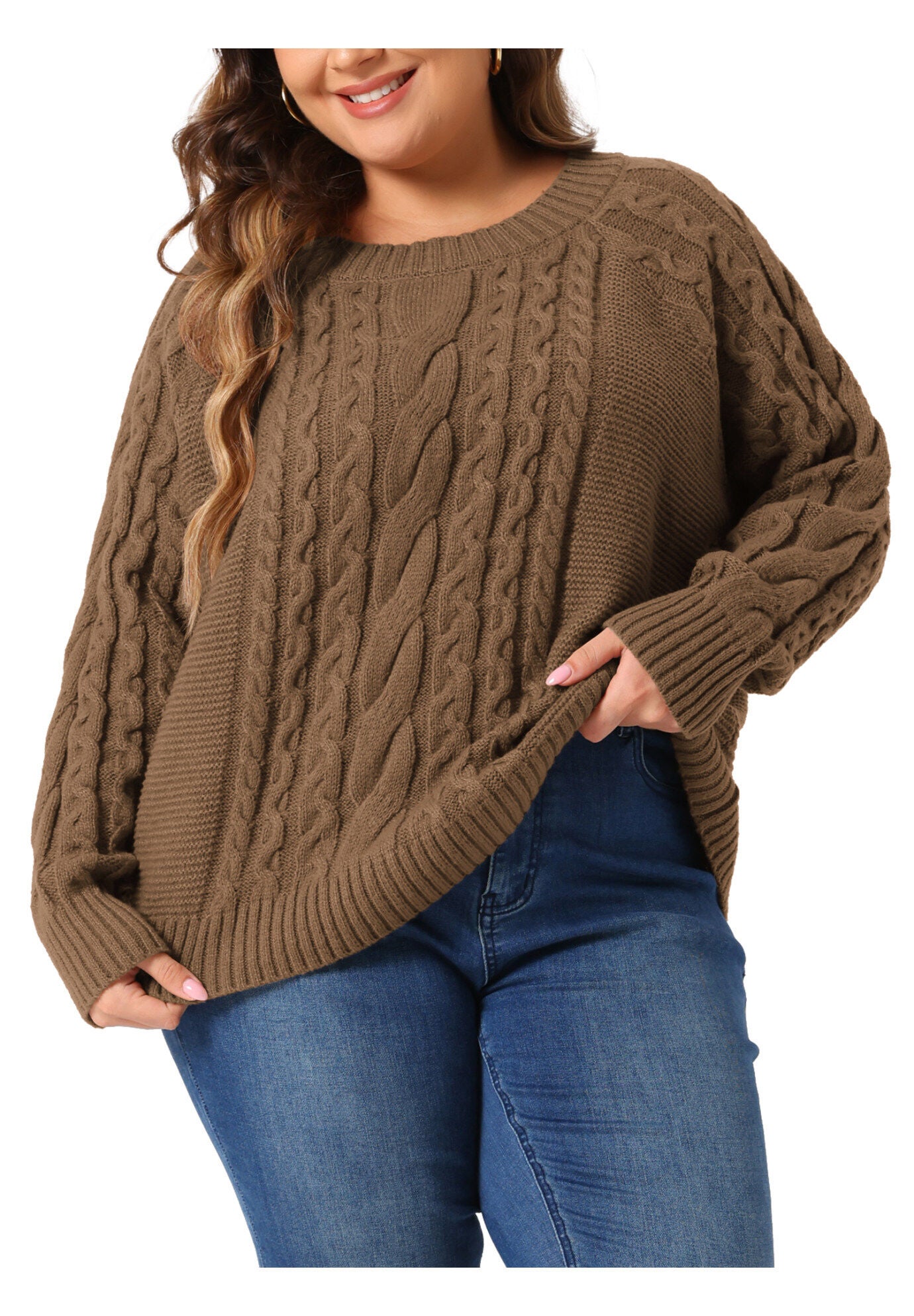 Long Sleeve Crewneck Fisherman Cable Pullover Sweater, Brown / Brown, alternate image number 2