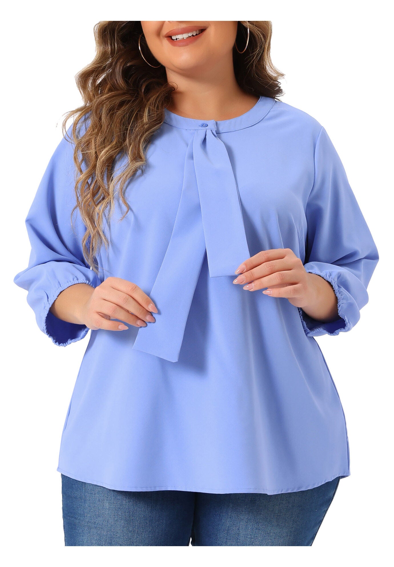 3/4 Sleeve Work Office Tie Front Ruffle Chiffon Blouse Top, Light Blue / Light Blue, alternate image number 2