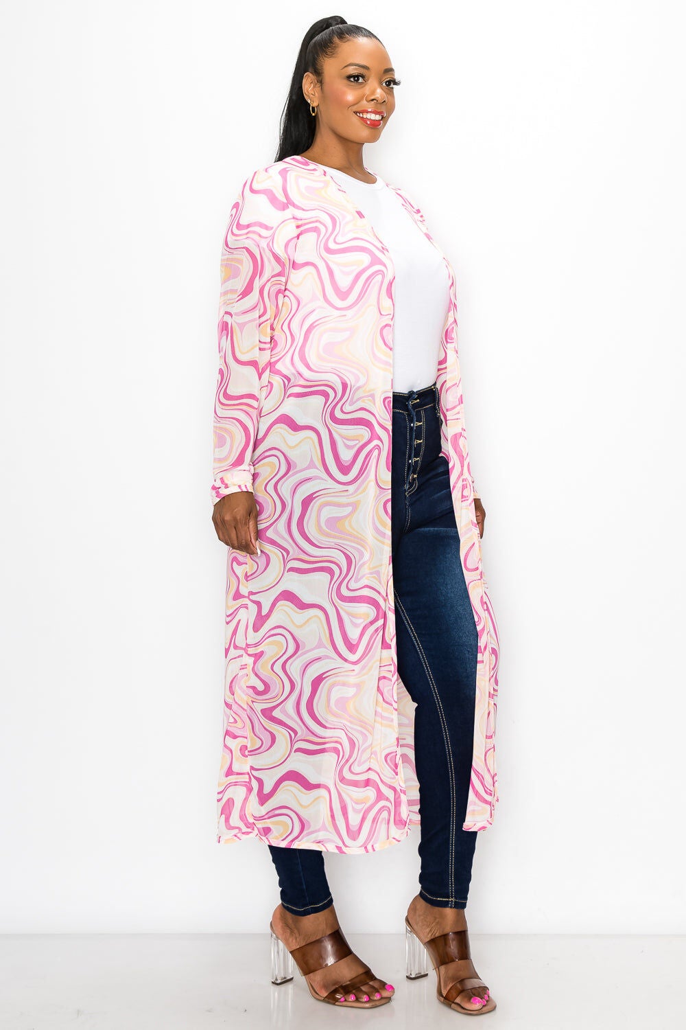 MEGAN SWIRL PRINT MESH CARDIGAN, OrangeMauve / Orange, alternate image number 3