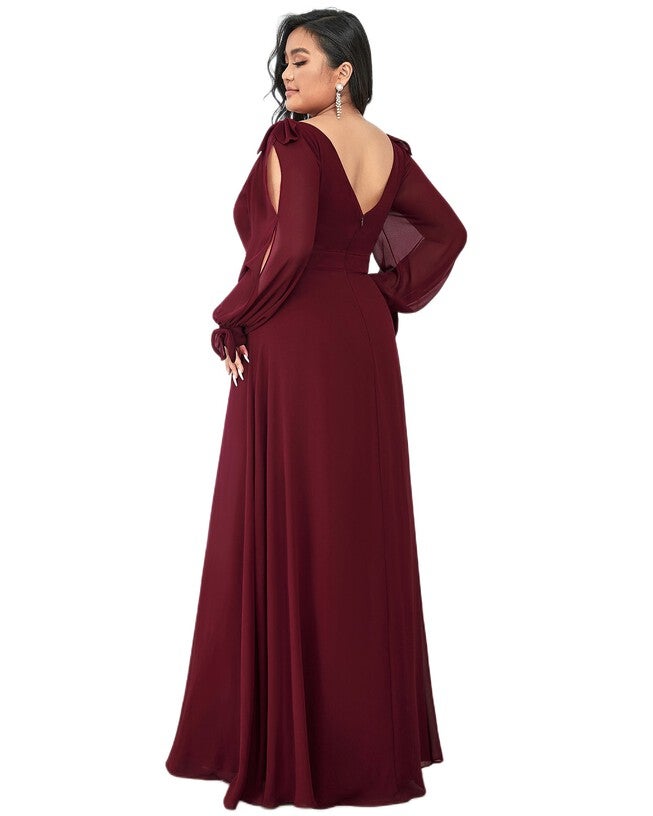 Open Lantern Sleeve A-Line Bridesmaid Dress, Burgundy / Burgundy, alternate image number null