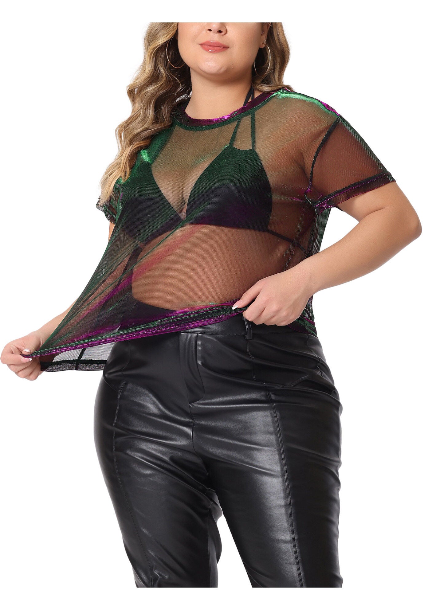 DROP SHOULDER SHEER MESH TOP, Purple Green / Hunter Green, alternate image number 1