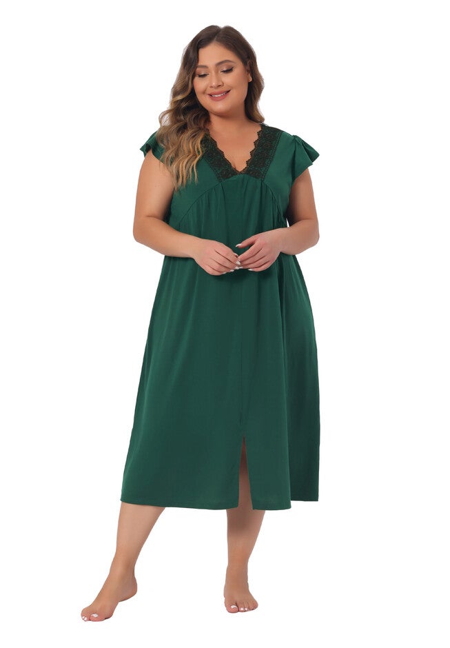 Lace V Neck Front Slits Short Sleeves Sleepwear Dress, Dark Green / Forest Green, hi-res image number 0