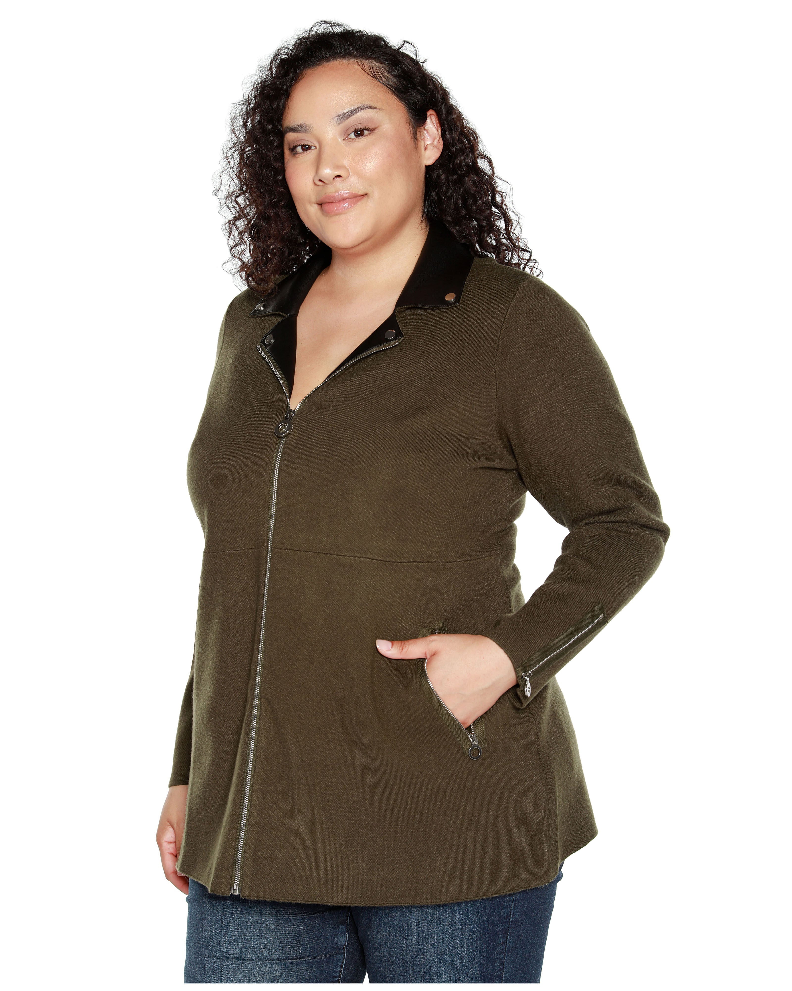FAUX-LEATHER COLLARED SWEATER JACKET, Burnt Olive / Olive Green, alternate image number 2