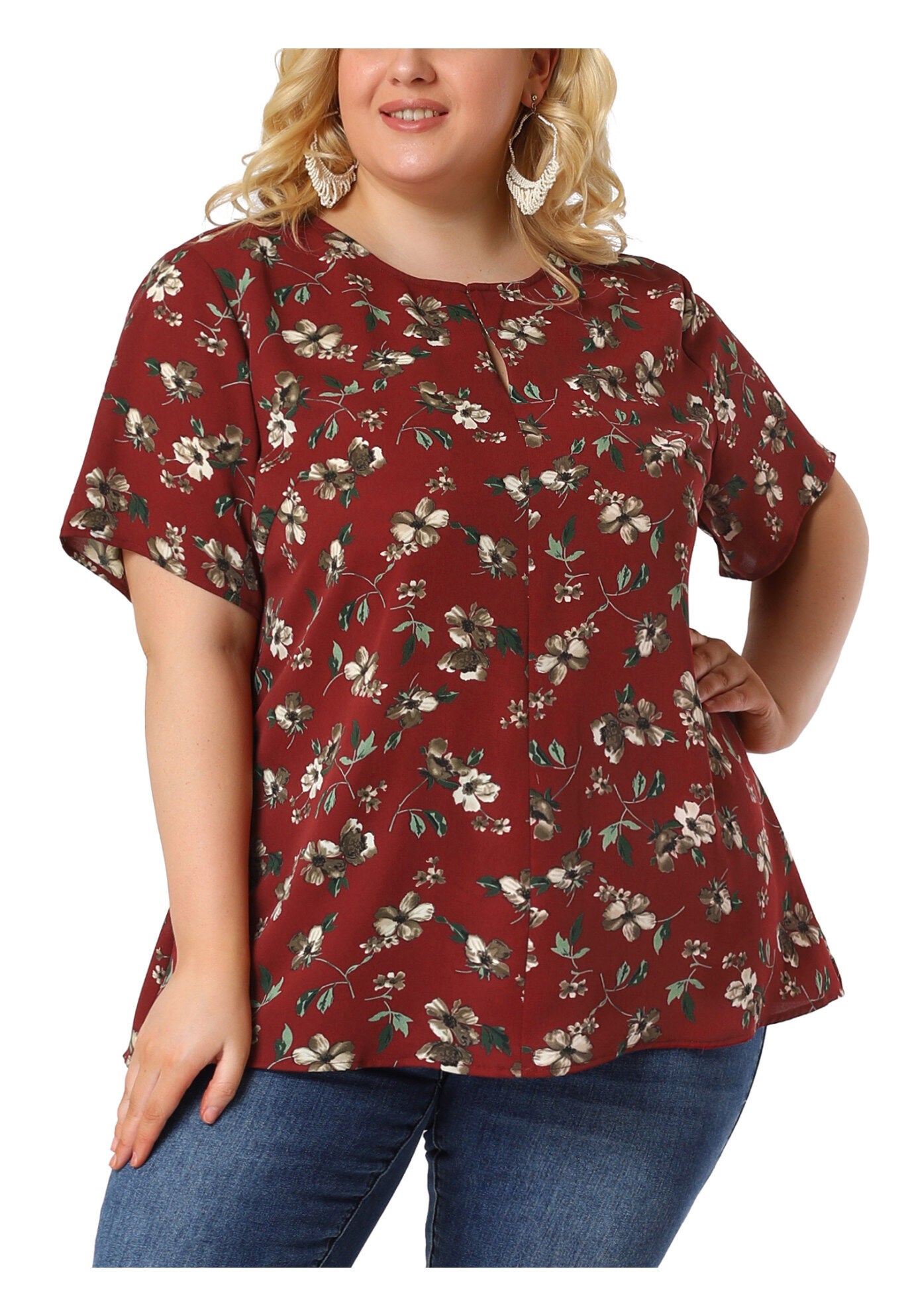 Tie Waist Floral Print Blouse Peplum Summer Top, Burgundy / Burgundy, alternate image number 1