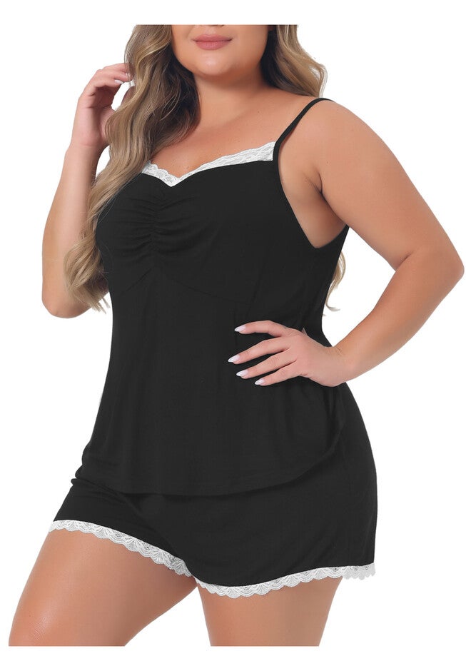 PAJAMA CAMI SHORTS NIGHTWEAR LACE LINGERIE SLEEPWEAR, Black / Black, alternate image number 2