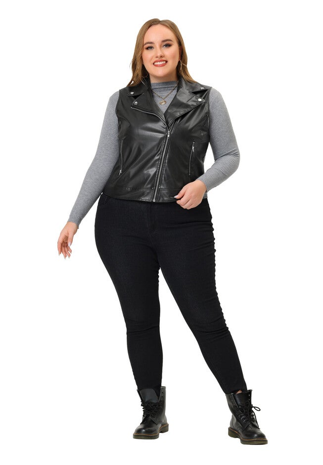 NOTCH LAPEL ZIPPER CLUB MOTORCYCLE FAUX LEATHER VEST, Black / Black, hi-res image number 0