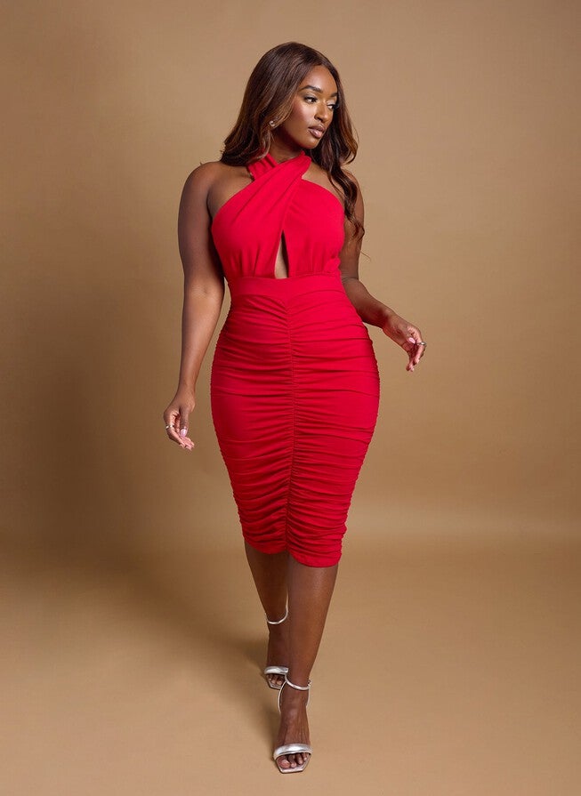 RUBY RUCHED BODYCON MINI DRESS, Red / Red, alternate image number 1