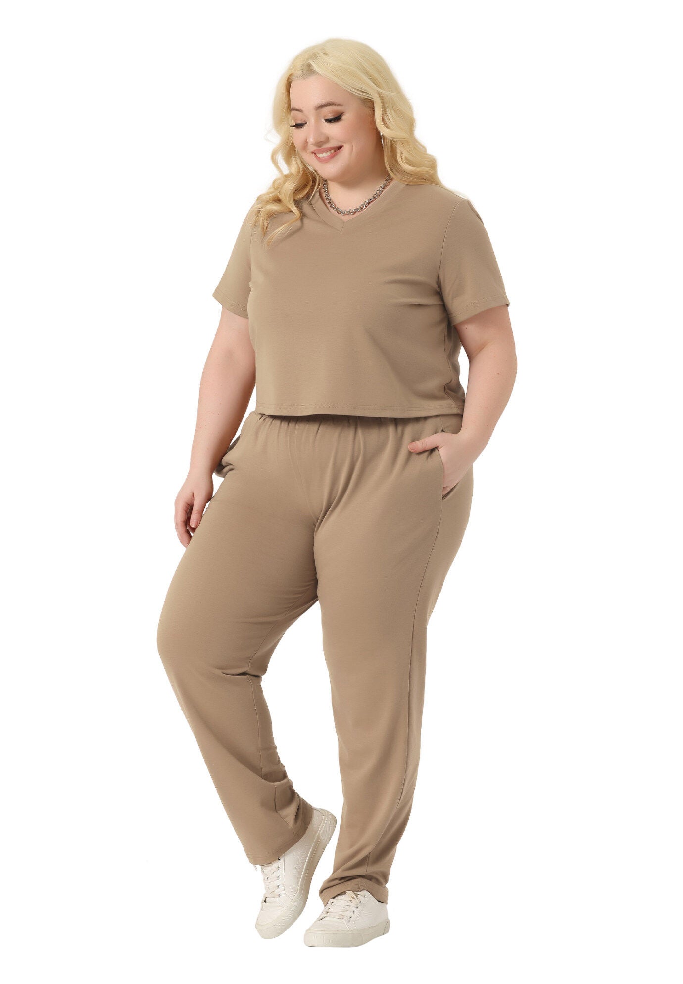 2 Piece Sports Outfit Short Sleeve Sweatshirt with Sweatpants, Khaki / Tan, hi-res image number 0