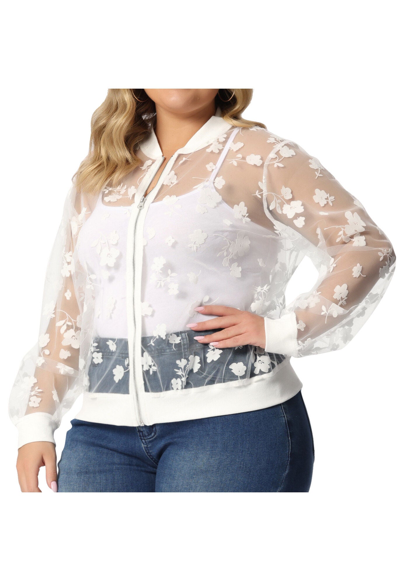Sheer Floral Lace Bomber Jacket, White / White, alternate image number 4