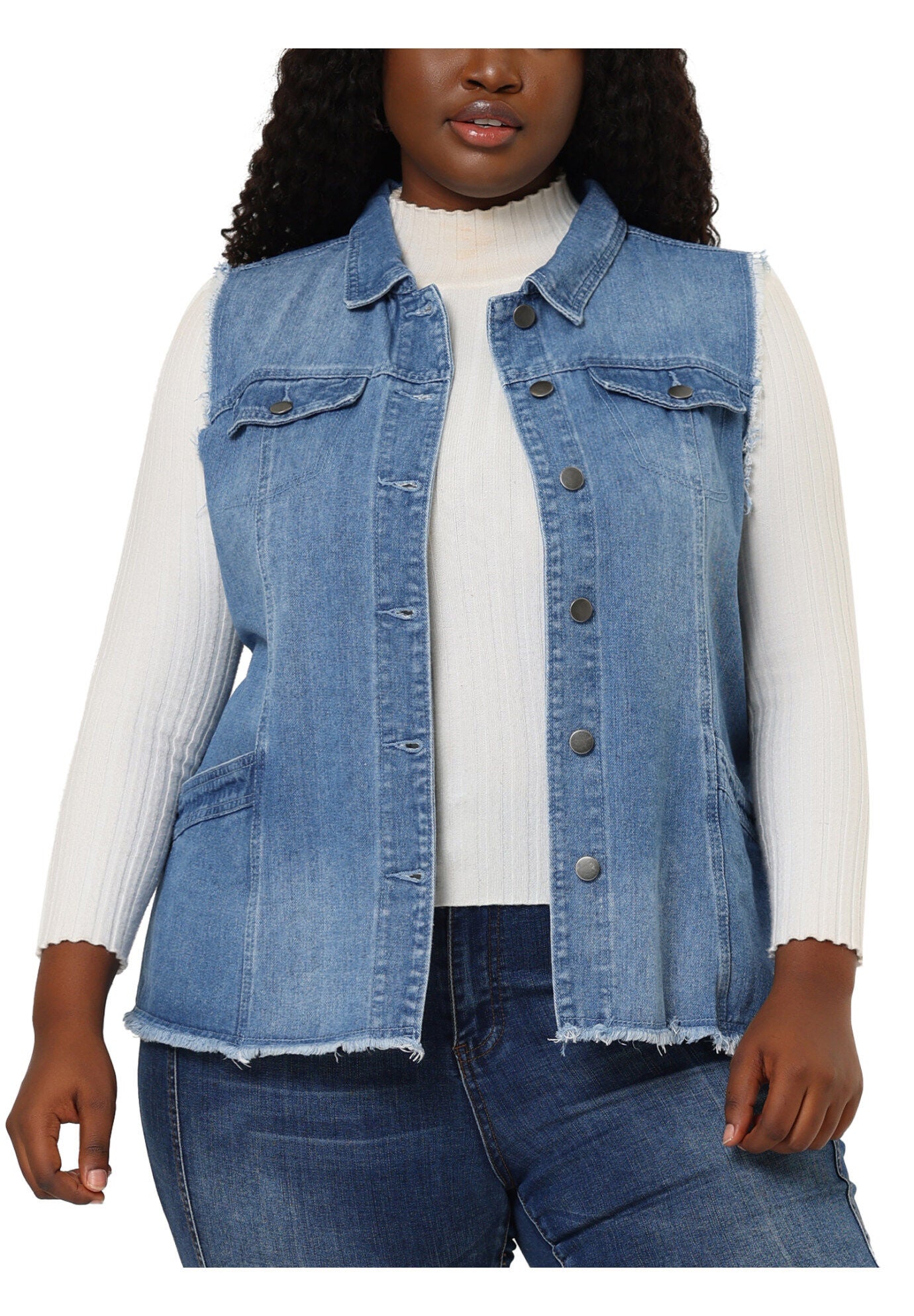 BUTTON FRONT LAPEL FRAYED WASHED SLEEVELESS LONG DENIM VEST, Blue / Light Blue, alternate image number 2