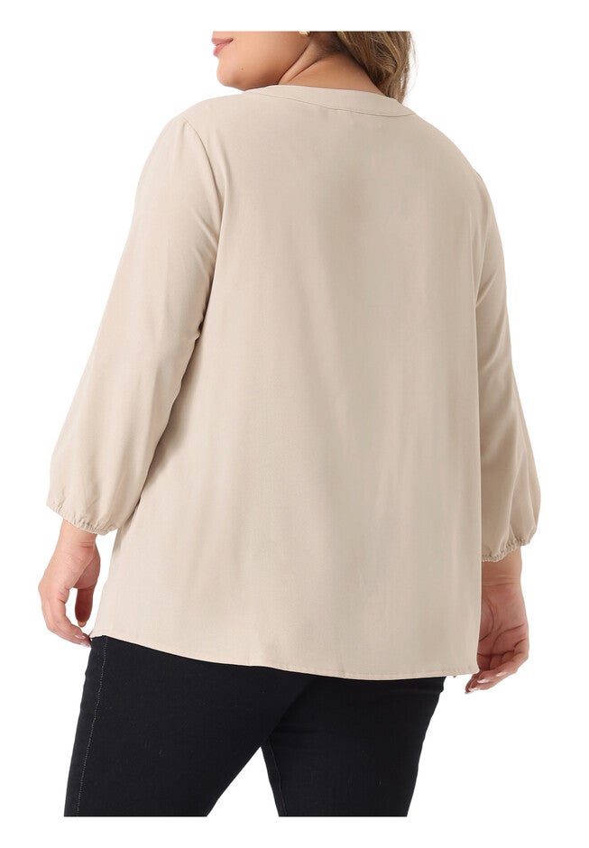 3/4 Sleeve Work Office Tie Front Ruffle Chiffon Blouse Top, Apricot / Cream, alternate image number 2