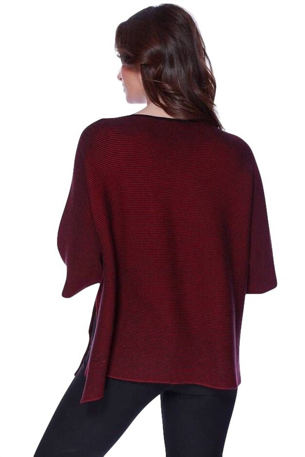 2-TONE HIGH SLIT SWEATER PONCHO IN WINE, , alternate image number 2