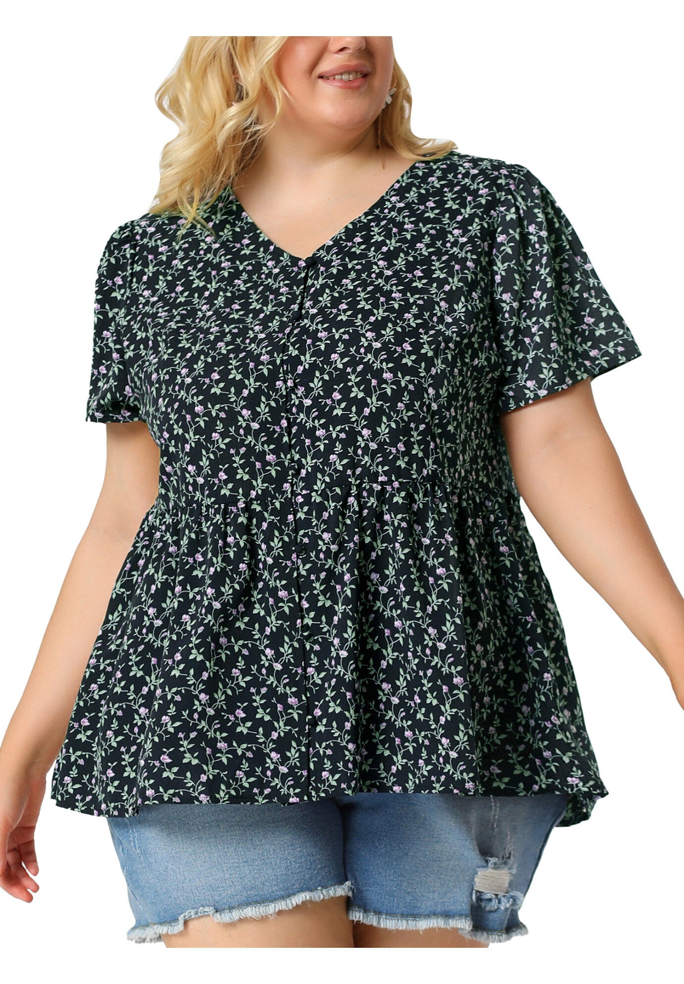 Chiffon Shirt V Neck Ruffle Short Sleeve Floral Peplum Top, Navy / Navy, alternate image number 1
